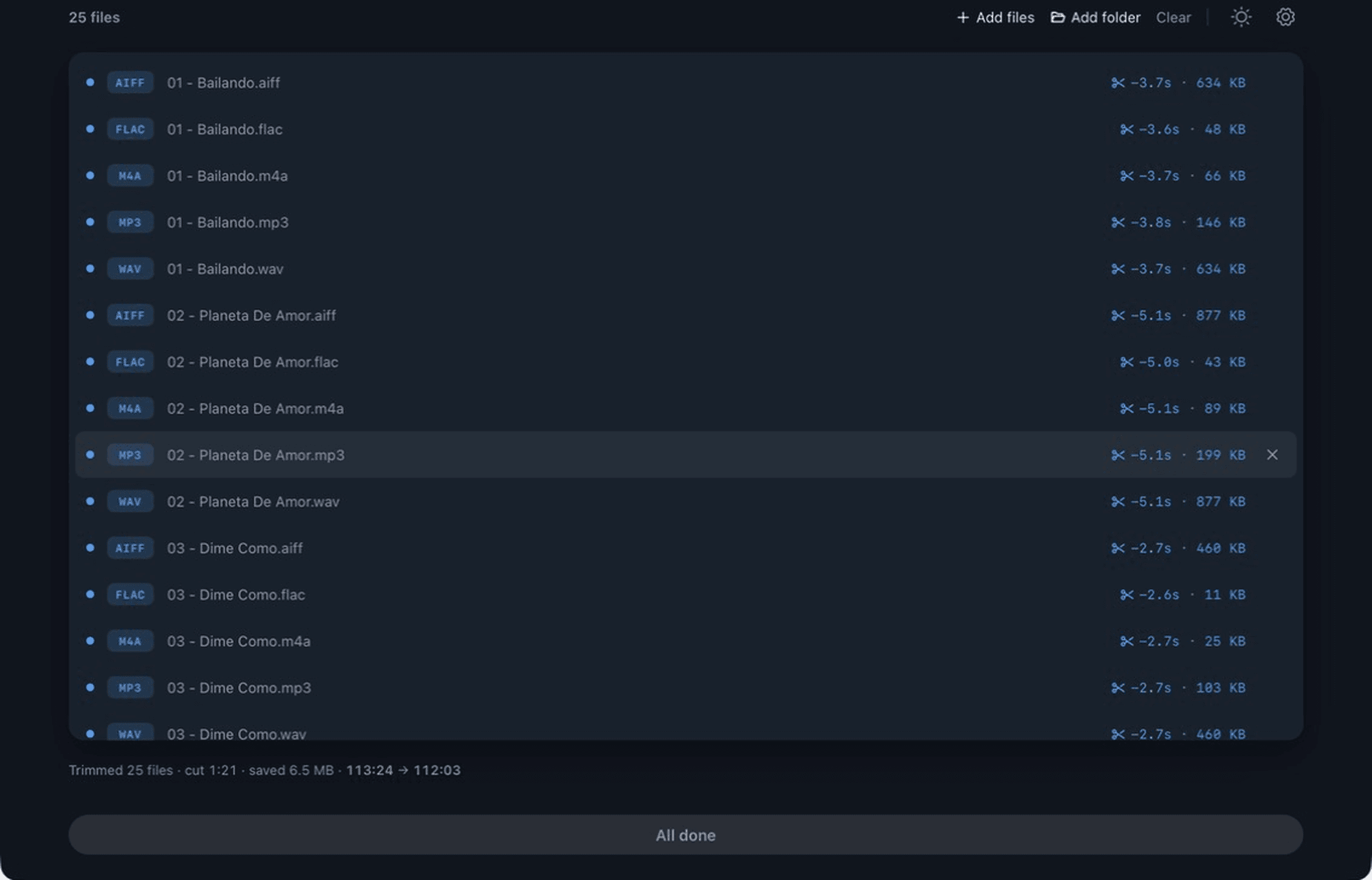 A completed batch in Multitrim